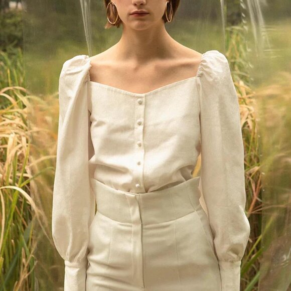 Loeil Tops - Loeil Square Neck Puff Sleeve Cottagecore Romantic White Cotton Blouse Size S